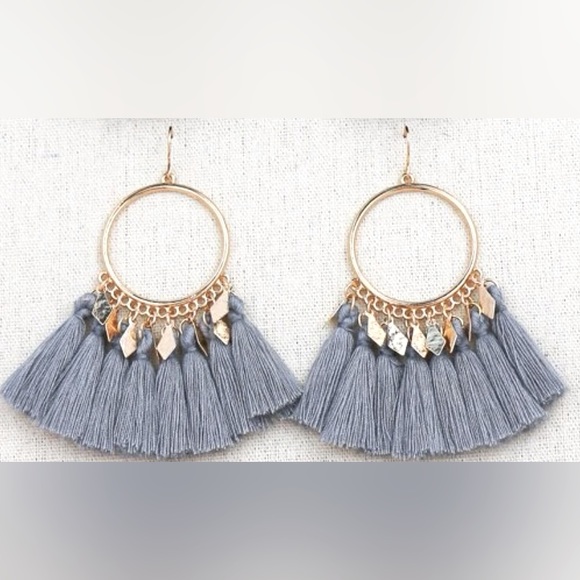 Gold Circle Drop Gray Feather Earrings - Picture 1 of 1